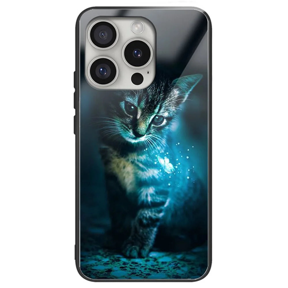 For iPhone 16 Pro Max Case Pattern Printed Tempered Glass+TPU Lightweight Phone Cover - Cat - 1