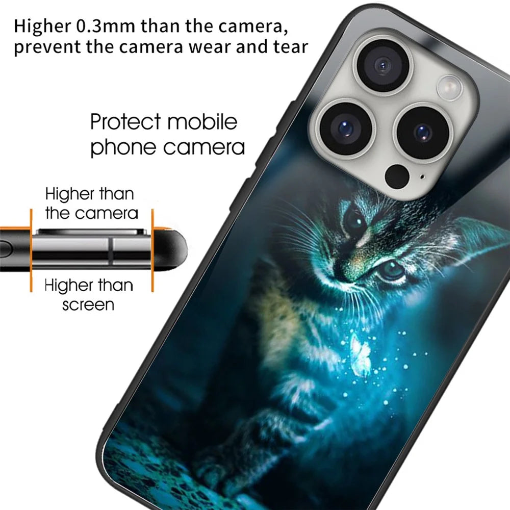 For iPhone 16 Pro Max Case Pattern Printed Tempered Glass+TPU Lightweight Phone Cover - Cat - 2