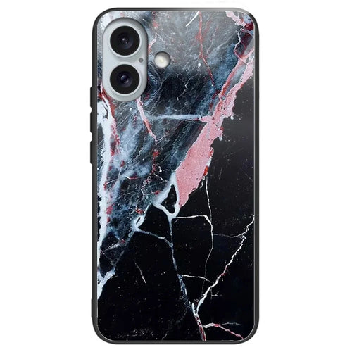 For iPhone 16 Plus Lightweight Case Tempered Glass+TPU Phone Cover Pattern Printed - Black Marble - 1