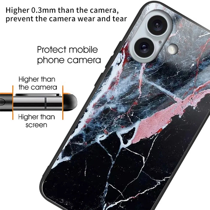 For iPhone 16 Plus Lightweight Case Tempered Glass+TPU Phone Cover Pattern Printed - Black Marble - 2