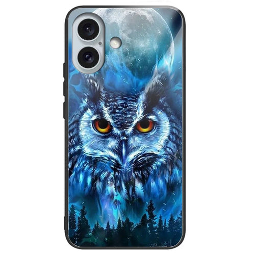 For iPhone 16 Case Lightweight Tempered Glass Back TPU Phone Cover Pattern Printed - Forest Owl - 1