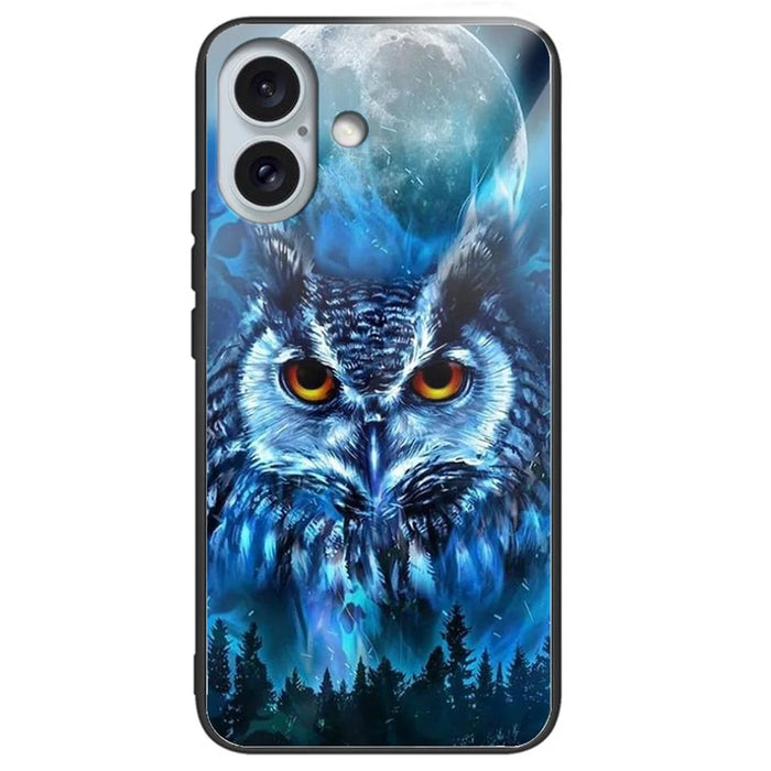 For iPhone 16 Case Lightweight Tempered Glass Back TPU Phone Cover Pattern Printed - Forest Owl - 1