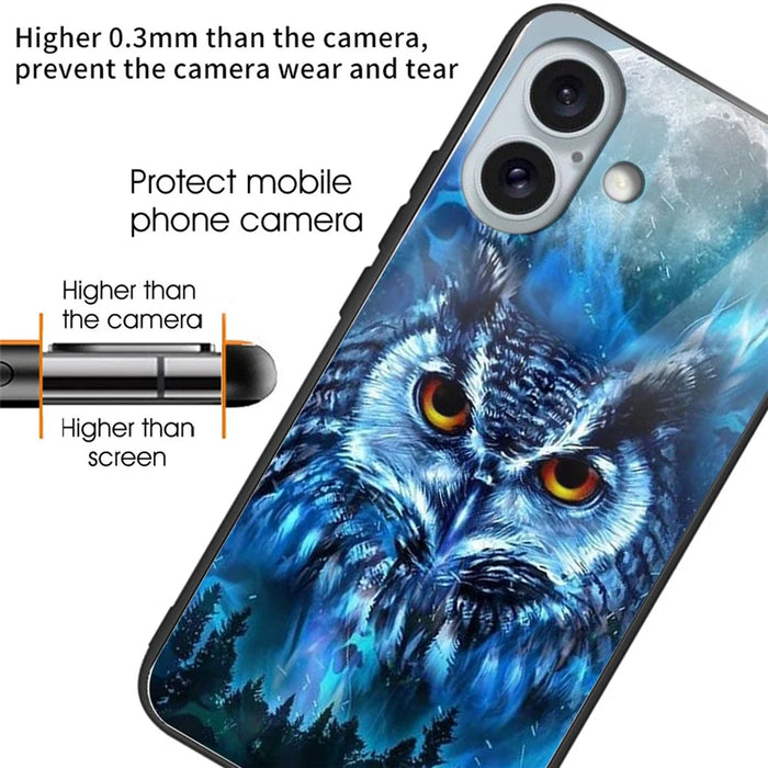 For iPhone 16 Case Lightweight Tempered Glass Back TPU Phone Cover Pattern Printed - Forest Owl - 2