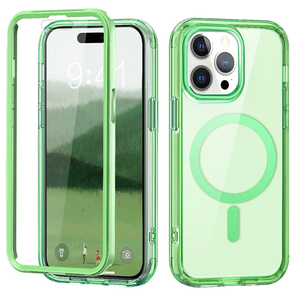 For iPhone 16 Pro Magnetic Case PC+TPU+PET Drop-Proof Clear Phone Cover - Green - 1