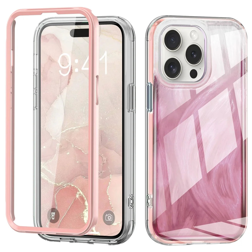 For iPhone 16 Pro Case Gradient Feather Pattern Camera Protection Phone Cover - Pink - 1
