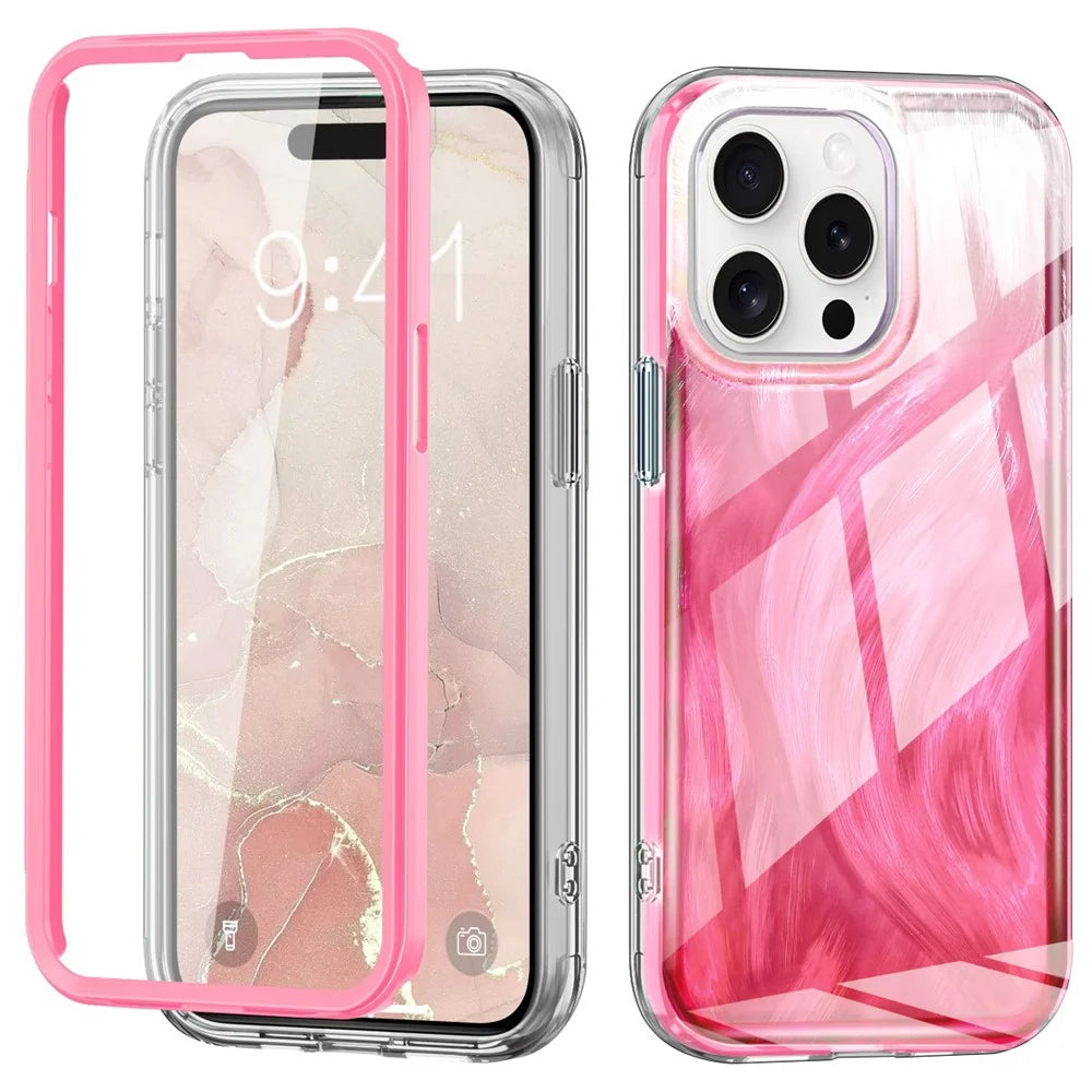 For iPhone 16 Pro Max Case Gradient Feather Pattern PC+TPU Phone Cover Built-In PET Screen Film - Rose - 1