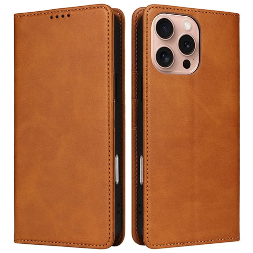 For iPhone 16 Pro Case RFID Blocking PU Leather Folio Flip Phone Cover - Brown - 1