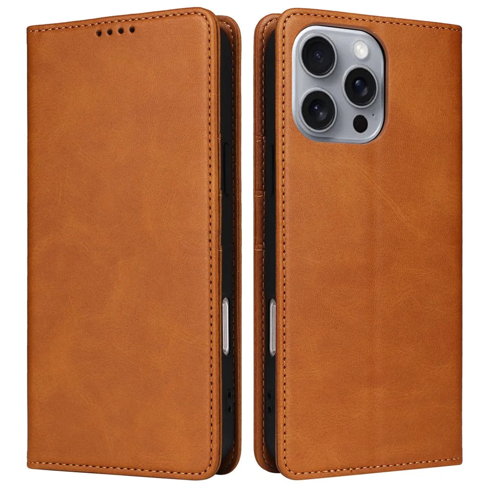 For iPhone 16 Pro Max Case PU Leather RFID Blocking Phone Cover Stand View - Brown - 1