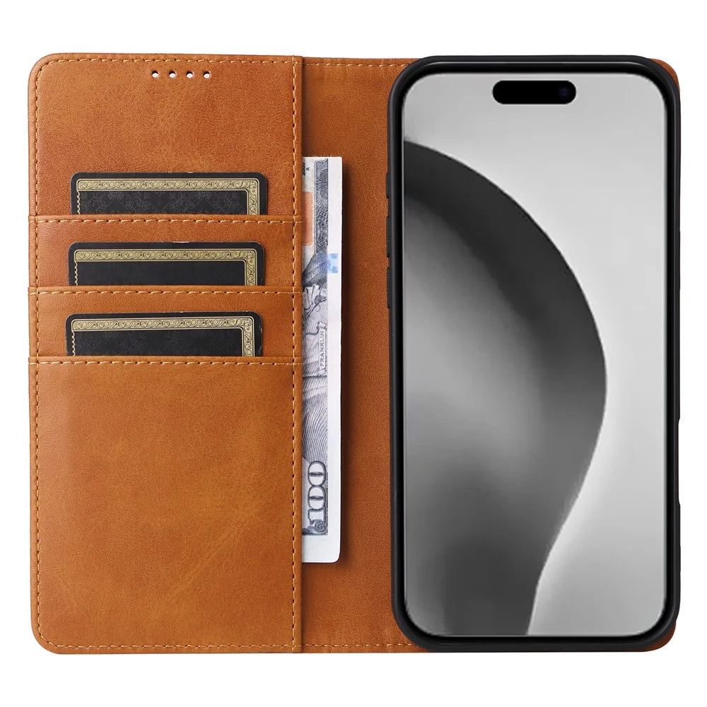 For iPhone 16 Pro Max Case PU Leather RFID Blocking Phone Cover Stand View - Brown - 2