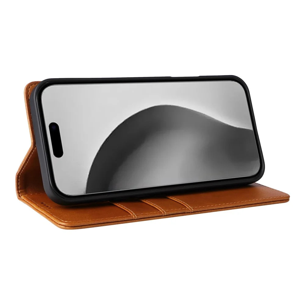 For iPhone 16 Pro Max Case PU Leather RFID Blocking Phone Cover Stand View - Brown - 3