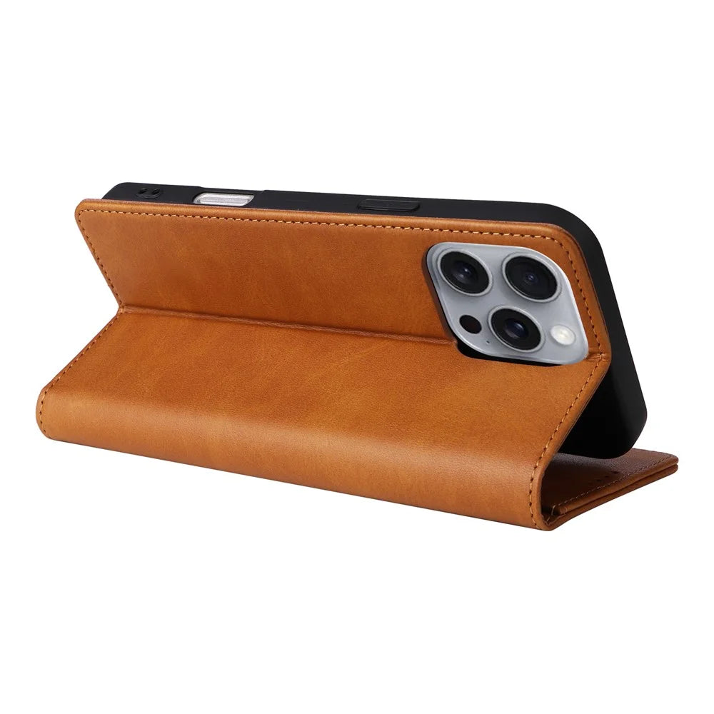 For iPhone 16 Pro Max Case PU Leather RFID Blocking Phone Cover Stand View - Brown - 4