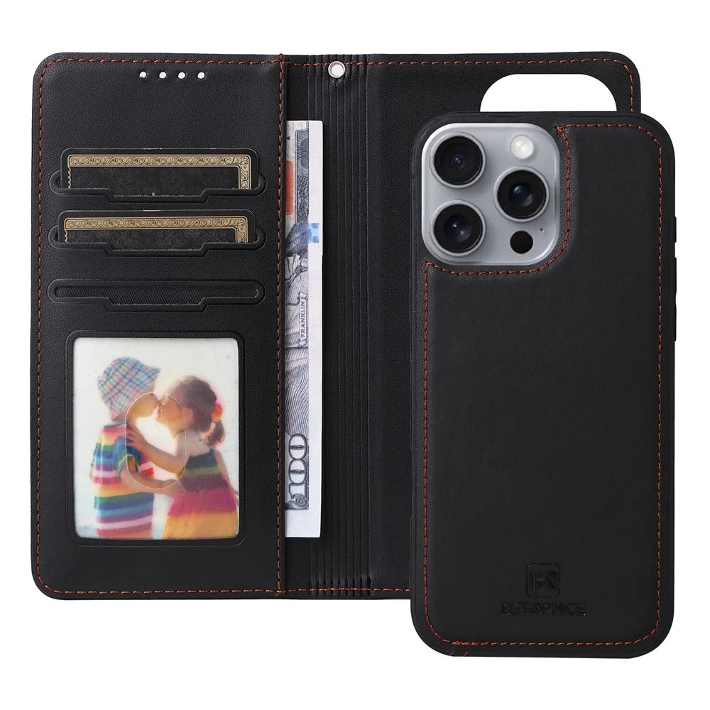 For iPhone 16 Pro Max Magnetic Case BETOPNICE Detachable PU Leather Phone Cover with Strap - Black - 2