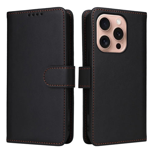For iPhone 16 Pro Magnetic Case BETOPNICE Detachable PU Leather Phone Cover with Strap - Black - 1