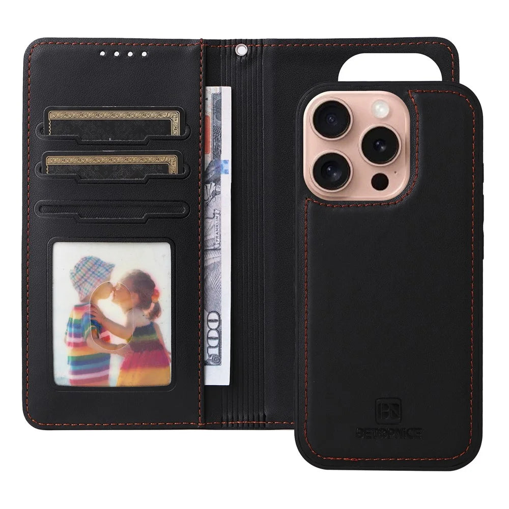 For iPhone 16 Pro Magnetic Case BETOPNICE Detachable PU Leather Phone Cover with Strap - Black - 2