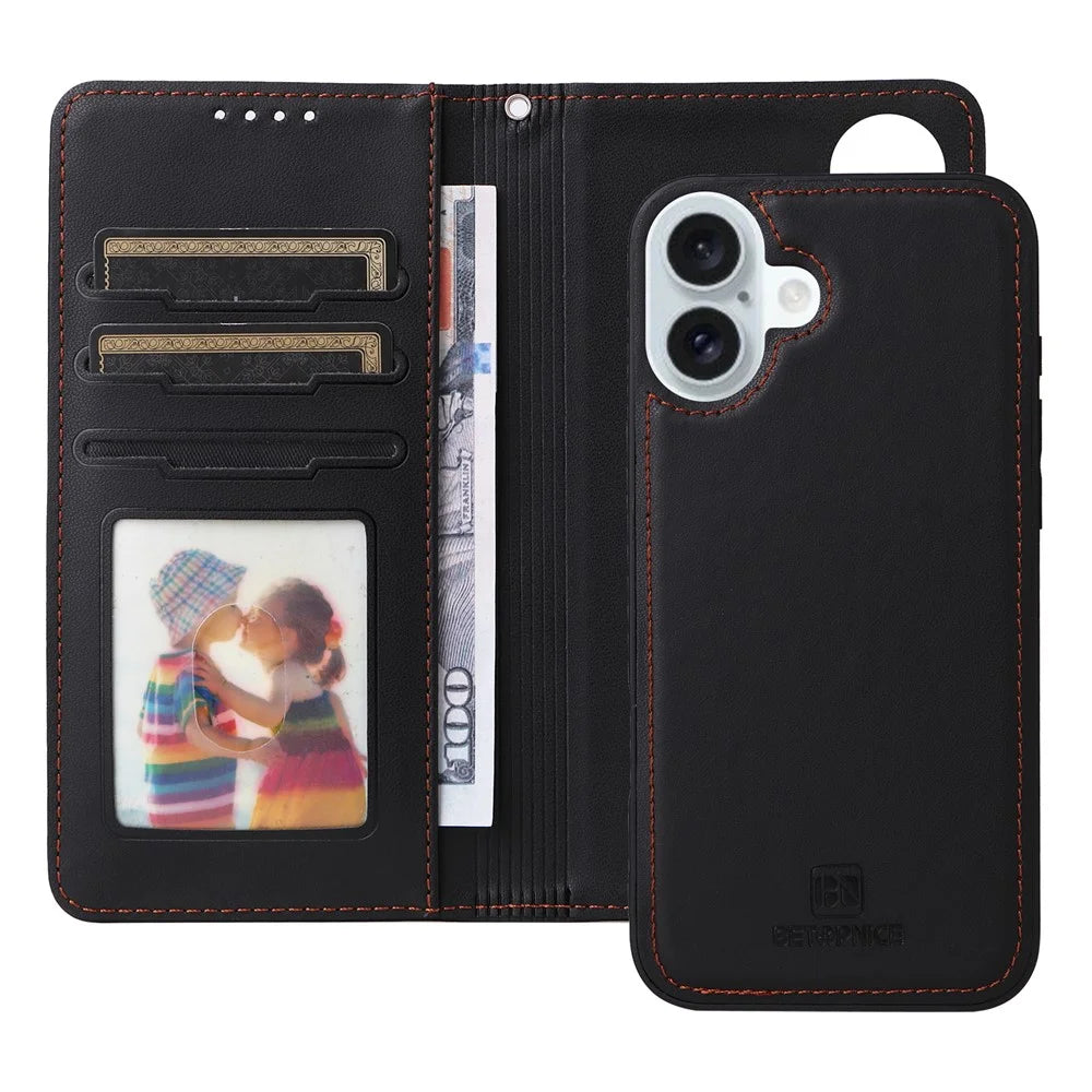 For iPhone 16 Plus Magnetic Case BETOPNICE Detachable PU Leather Phone Cover with Strap - Black - 2
