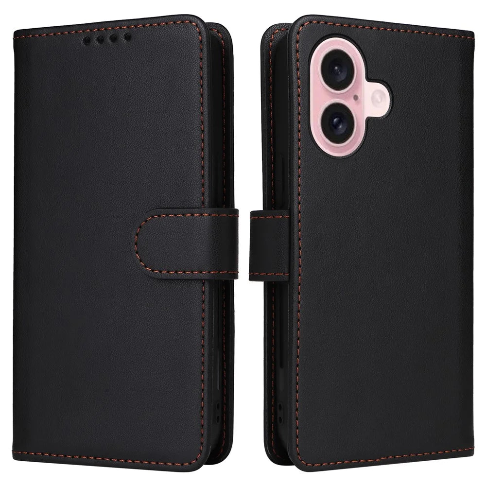 For iPhone 16 Magnetic Case BETOPNICE Detachable PU Leather Phone Cover with Strap - Black - 1