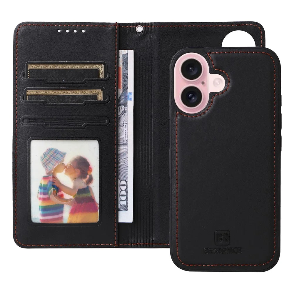 For iPhone 16 Magnetic Case BETOPNICE Detachable PU Leather Phone Cover with Strap - Black - 2