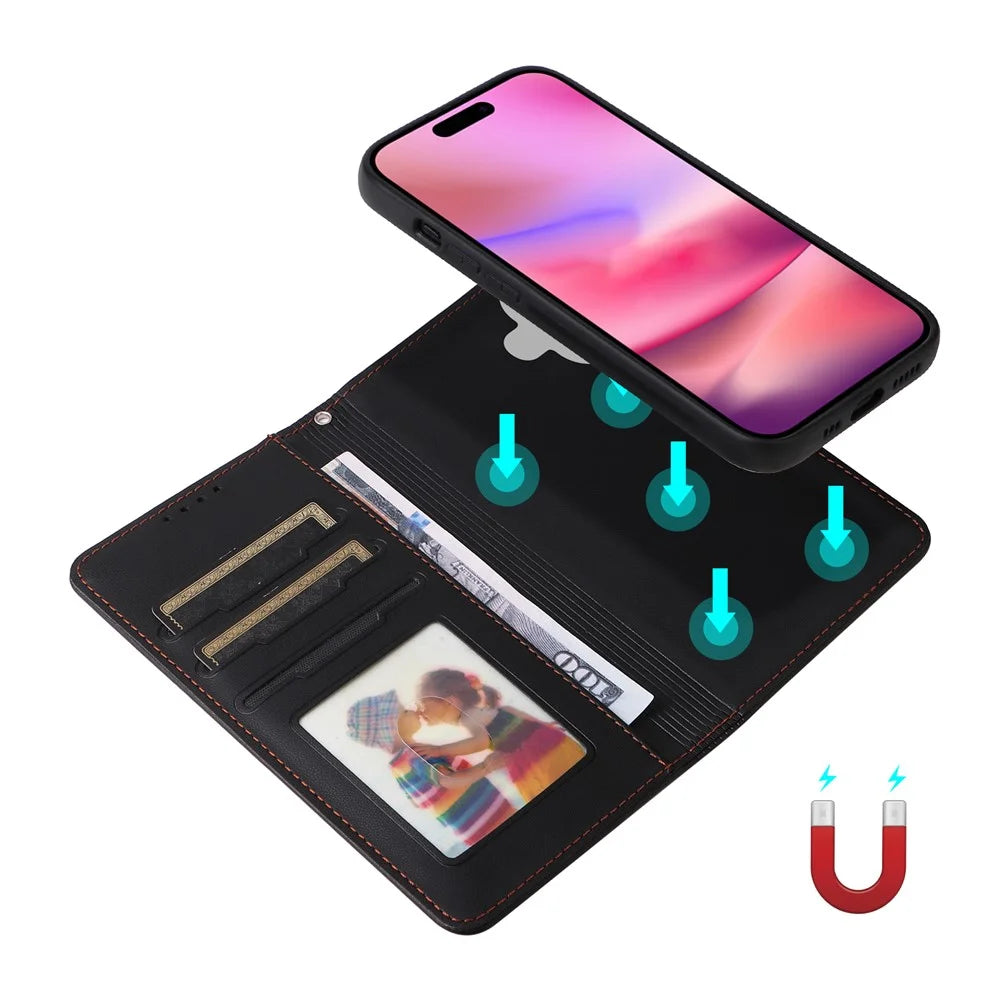 For iPhone 16 Magnetic Case BETOPNICE Detachable PU Leather Phone Cover with Strap - Black - 3