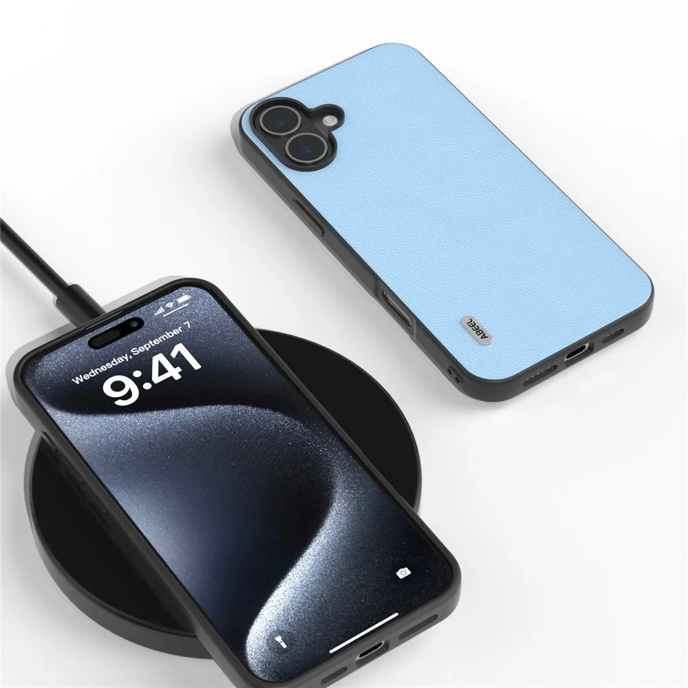 ABEEL For iPhone 16 Plus Case Anti-Scratch Genuine Cow Leather Back Phone Cover - Blue - 4