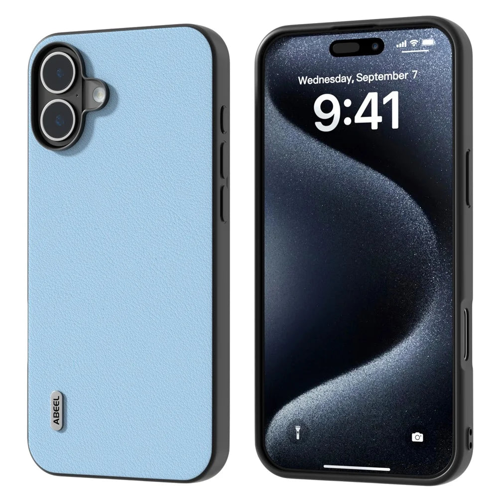ABEEL For iPhone 16 Case Genuine Cow Leather Coated PC+TPU Hybrid Phone Cover - Blue - 1
