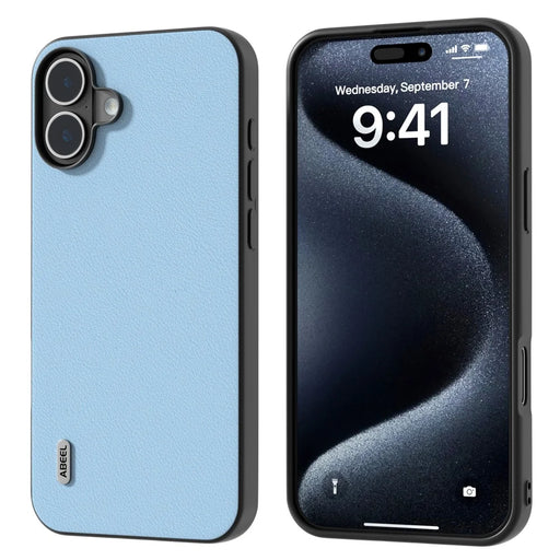 ABEEL For iPhone 16 Case Genuine Cow Leather Coated PC+TPU Hybrid Phone Cover - Blue - 1