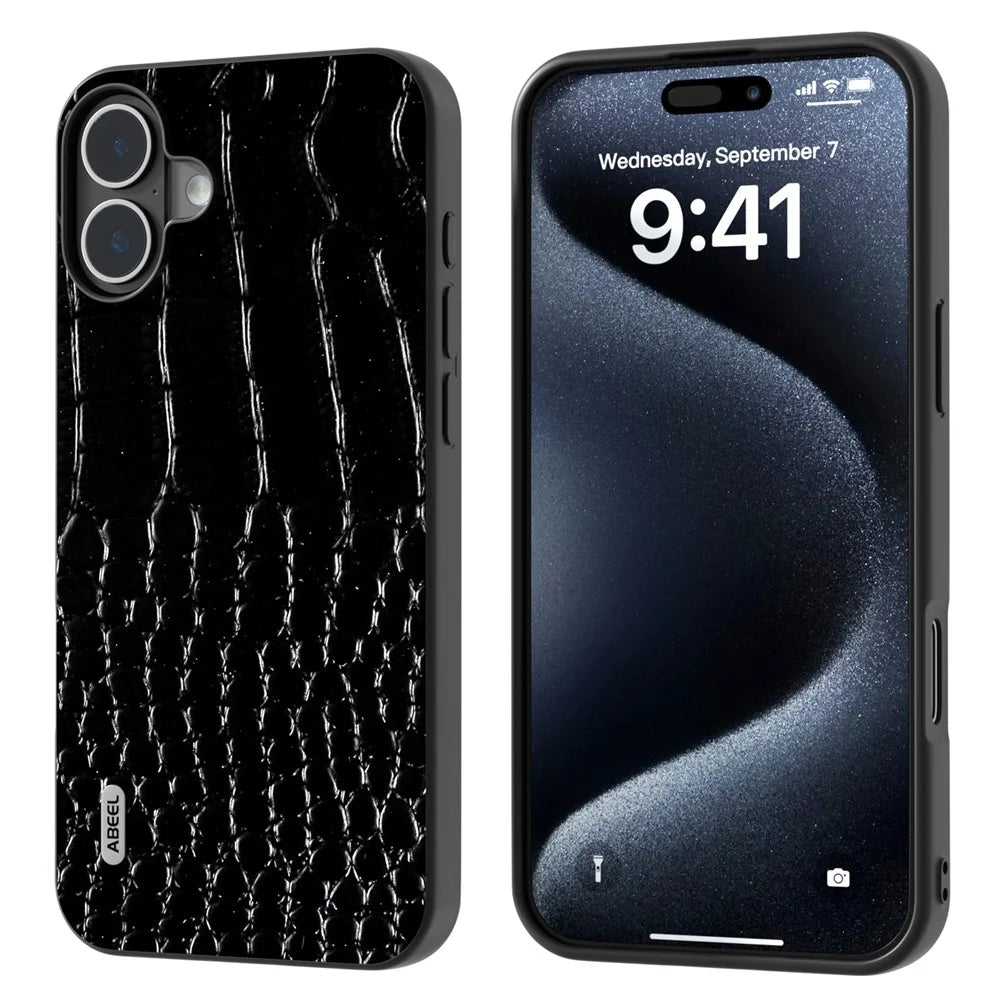 ABEEL For iPhone 16 Case Crocodile Texture Genuine Cow Leather Coated PC+TPU Phone Cover - Black - 1