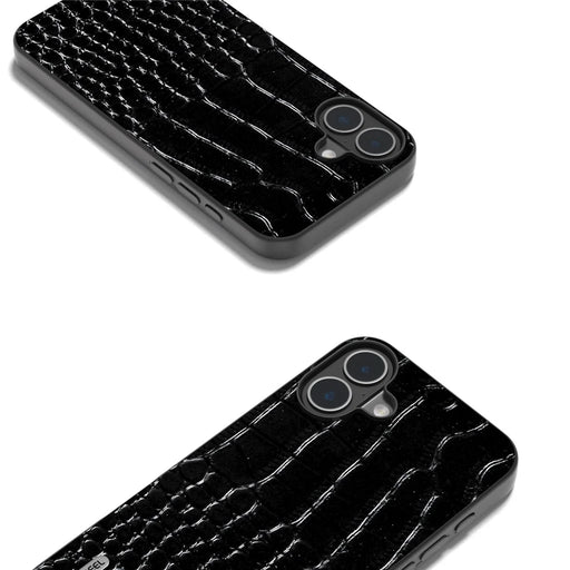 ABEEL For iPhone 16 Case Crocodile Texture Genuine Cow Leather Coated PC+TPU Phone Cover - Black - 2