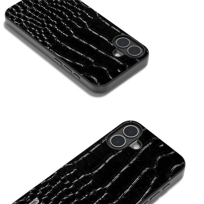 ABEEL For iPhone 16 Case Crocodile Texture Genuine Cow Leather Coated PC+TPU Phone Cover - Black - 2