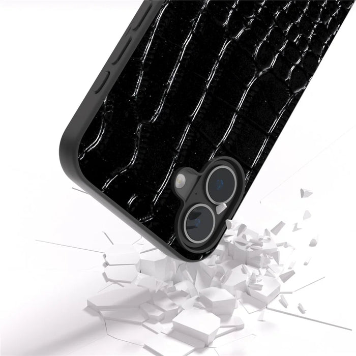 ABEEL For iPhone 16 Case Crocodile Texture Genuine Cow Leather Coated PC+TPU Phone Cover - Black - 3