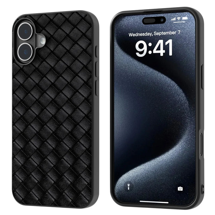 For iPhone 16 Case Woven Texture PU Leather Coated PC+TPU Mobile Phone Cover - Black - 1