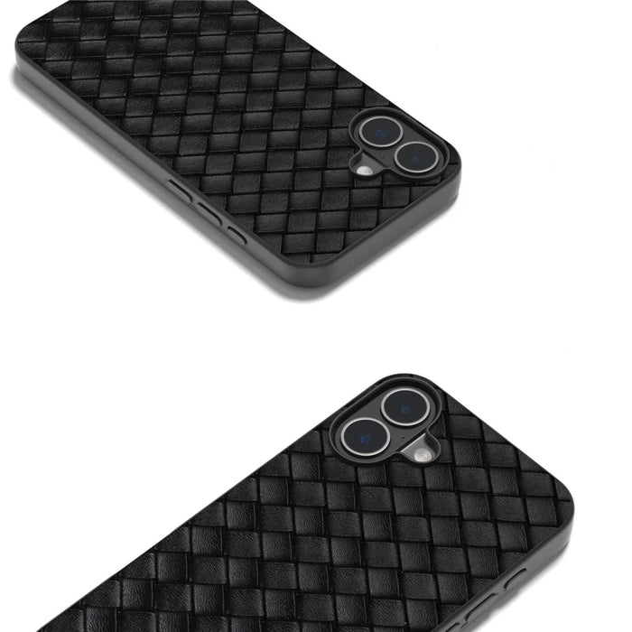 For iPhone 16 Case Woven Texture PU Leather Coated PC+TPU Mobile Phone Cover - Black - 2