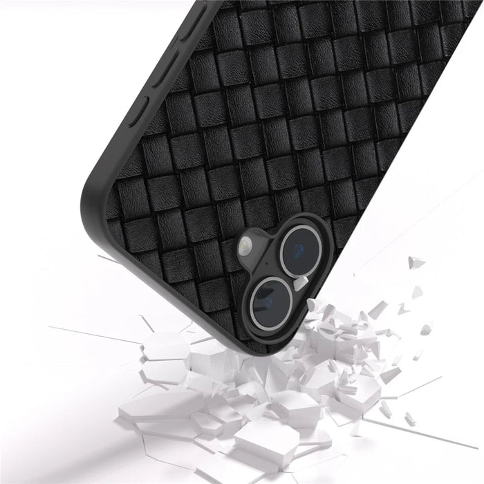 For iPhone 16 Case Woven Texture PU Leather Coated PC+TPU Mobile Phone Cover - Black - 3