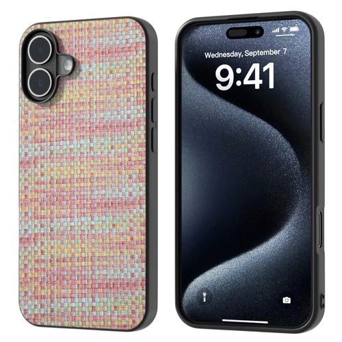 For iPhone 16 Case Plaid Texture PU Leather+PC+TPU Hybrid Phone Cover - Pink - 1
