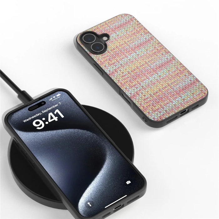For iPhone 16 Case Plaid Texture PU Leather+PC+TPU Hybrid Phone Cover - Pink - 4
