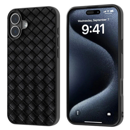 For iPhone 16 Plus Case Woven Texture Leather+PC+TPU Hybrid Phone Cover - Black - 1