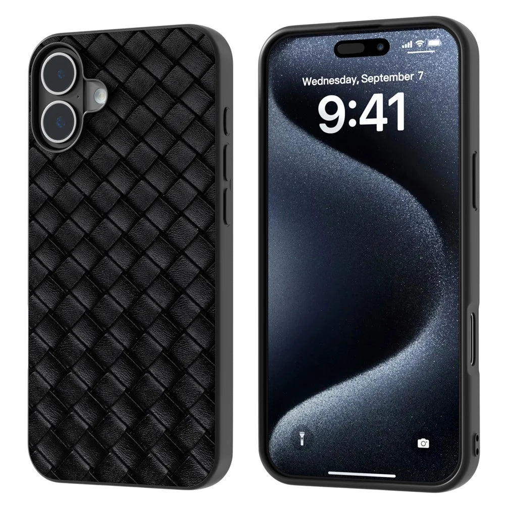 For iPhone 16 Plus Case Woven Texture Leather+PC+TPU Hybrid Phone Cover - Black - 1