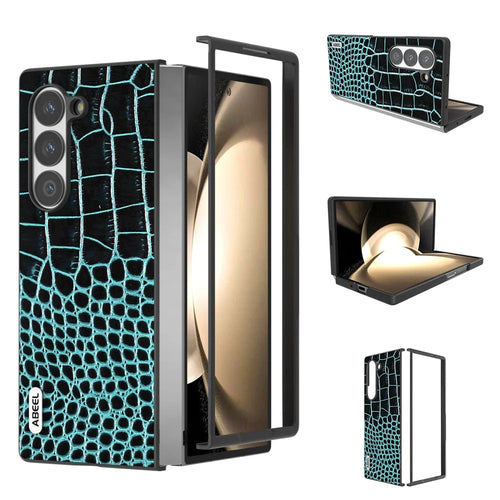 ABEEL For Samsung Galaxy Z Fold6 5G Case Crocodile Texture Genuine Cow Leather+PC Phone Cover - Midnight Green - 1