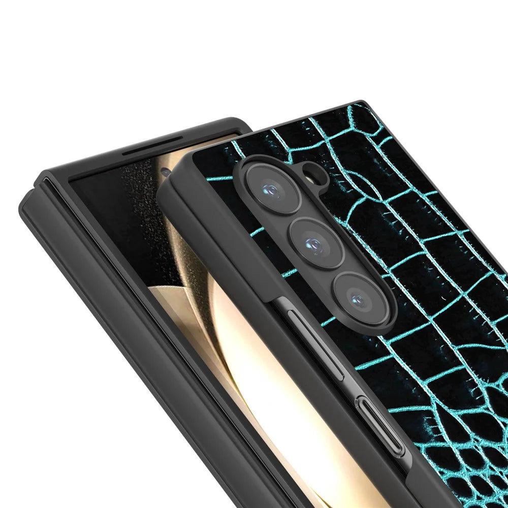 ABEEL For Samsung Galaxy Z Fold6 5G Case Crocodile Texture Genuine Cow Leather+PC Phone Cover - Midnight Green - 3