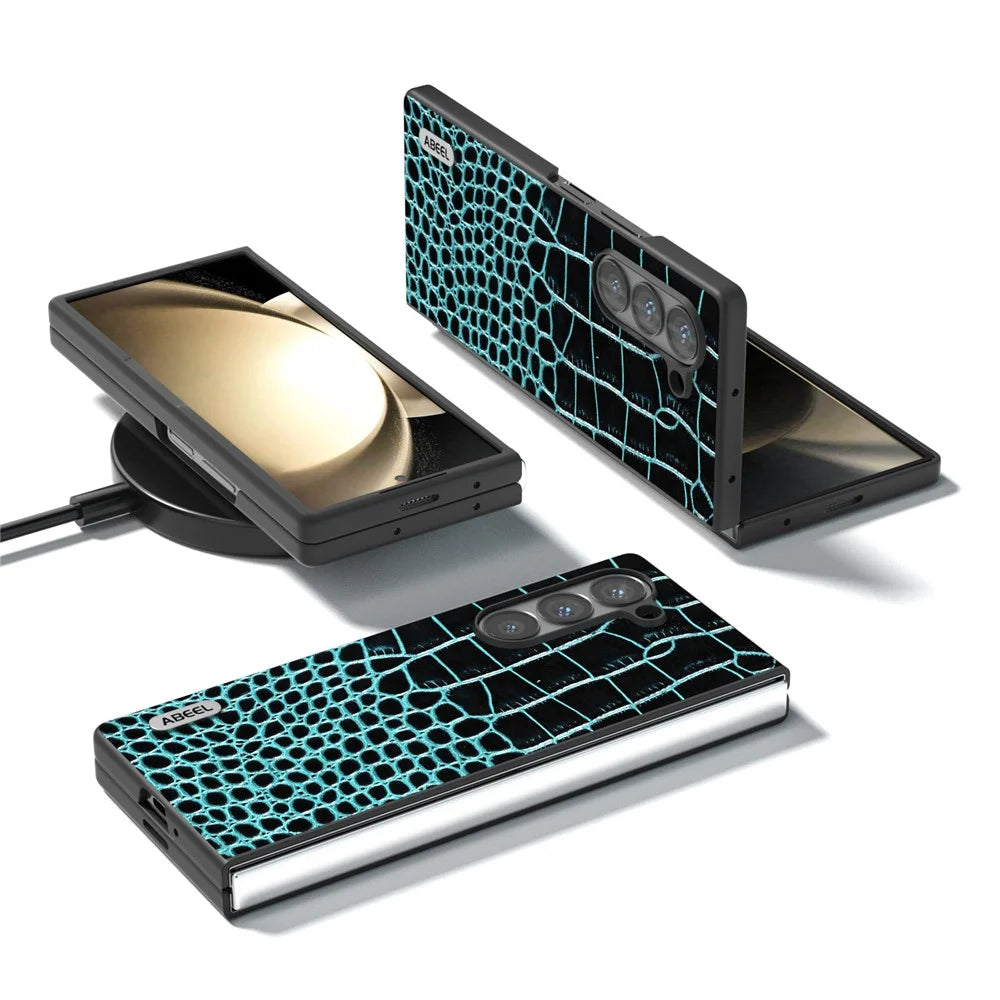 ABEEL For Samsung Galaxy Z Fold6 5G Case Crocodile Texture Genuine Cow Leather+PC Phone Cover - Midnight Green - 4