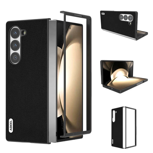 ABEEL For Samsung Galaxy Z Fold6 5G Case Genuine Cow Leather Hard PC Phone Cover - Black - 1