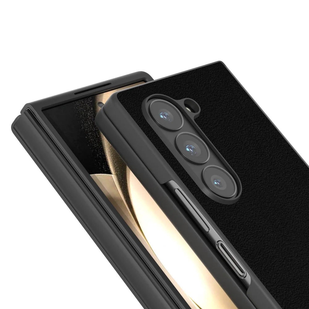 ABEEL For Samsung Galaxy Z Fold6 5G Case Genuine Cow Leather Hard PC Phone Cover - Black - 3
