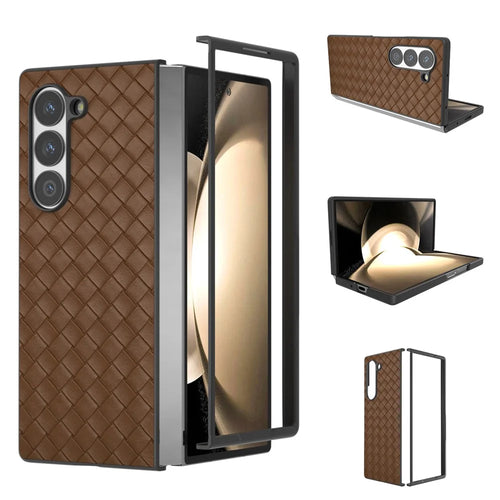 For Samsung Galaxy Z Fold6 5G Case Woven Texture PU Leather Coated PC Phone Cover - Brown - 1