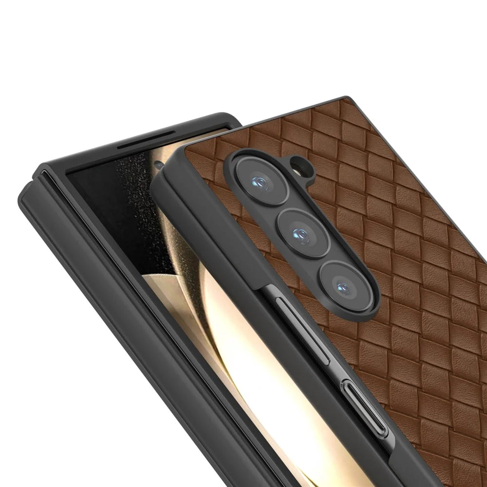 For Samsung Galaxy Z Fold6 5G Case Woven Texture PU Leather Coated PC Phone Cover - Brown - 3