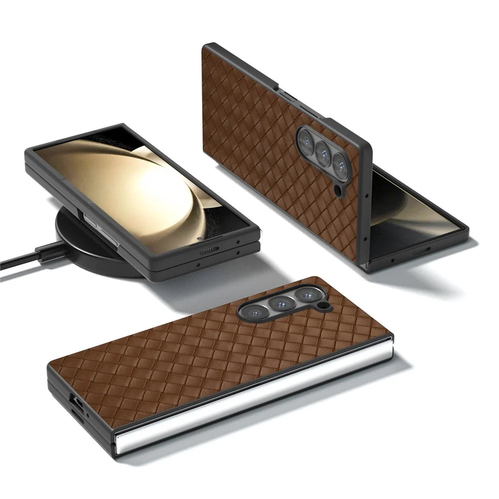 For Samsung Galaxy Z Fold6 5G Case Woven Texture PU Leather Coated PC Phone Cover - Brown - 4