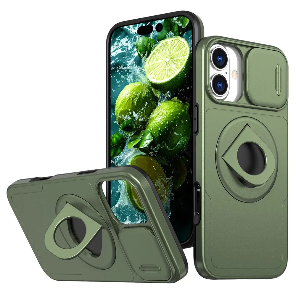 For iPhone 16 Magnetic Case Slide Camshield TPU+PC Kickstand Phone Cover - Olive Green - 1