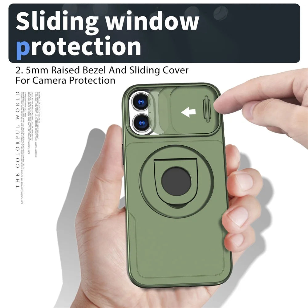 For iPhone 16 Magnetic Case Slide Camshield TPU+PC Kickstand Phone Cover - Olive Green - 2