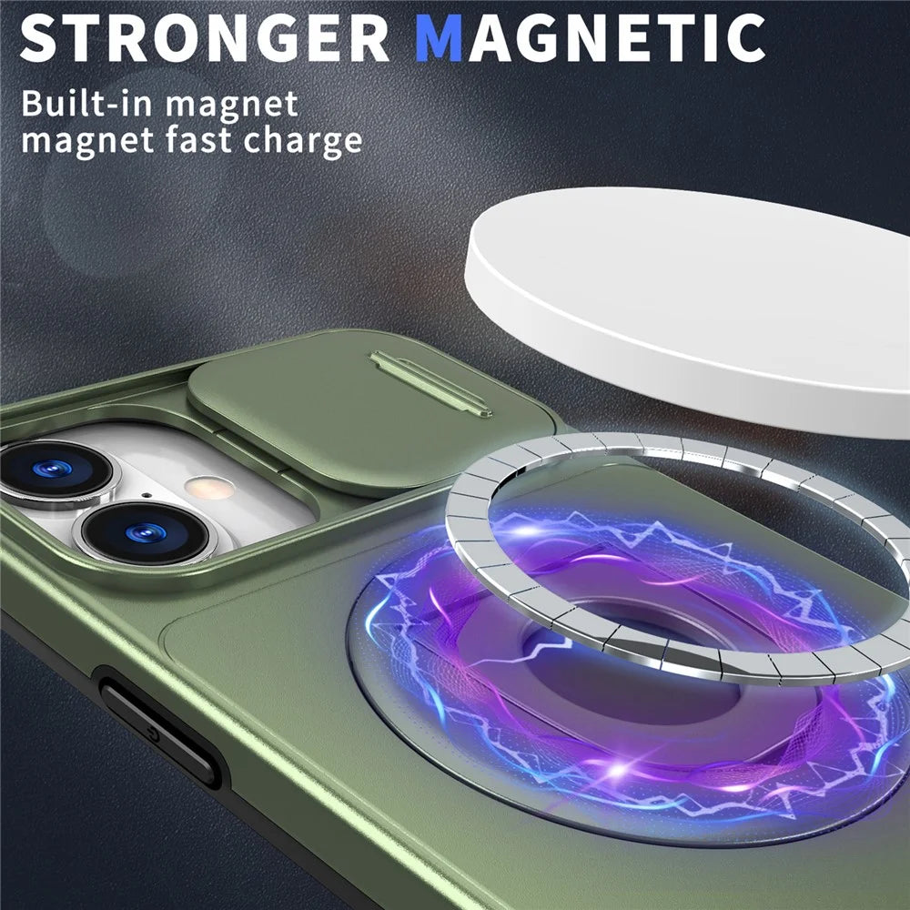 For iPhone 16 Magnetic Case Slide Camshield TPU+PC Kickstand Phone Cover - Olive Green - 4