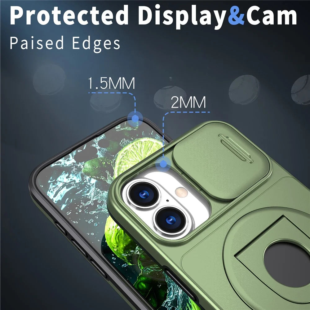 For iPhone 16 Magnetic Case Slide Camshield TPU+PC Kickstand Phone Cover - Olive Green - 5