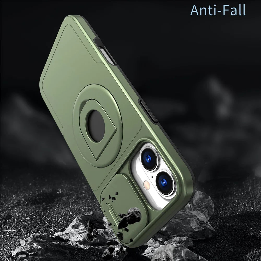 For iPhone 16 Magnetic Case Slide Camshield TPU+PC Kickstand Phone Cover - Olive Green - 6