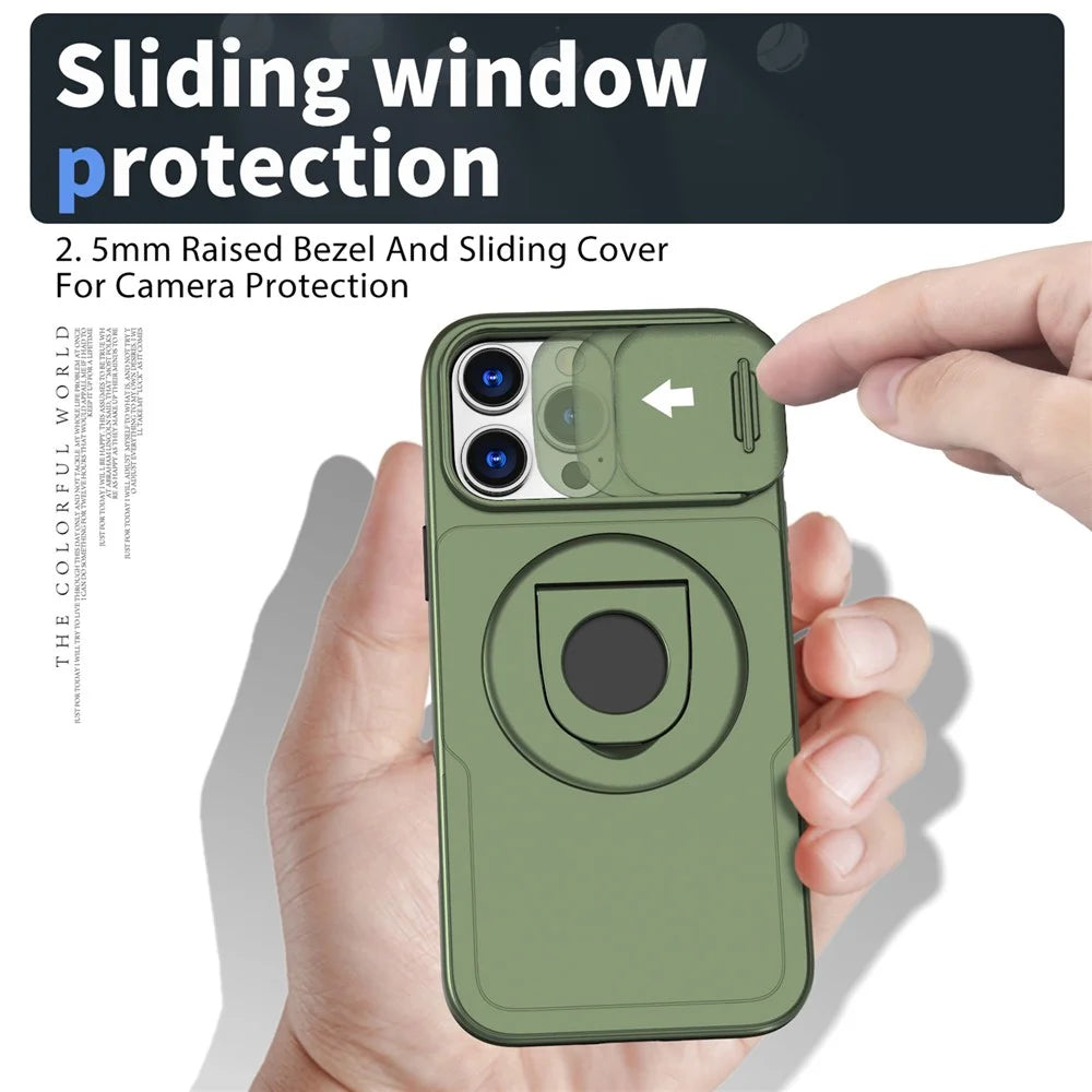 For iPhone 16 Pro Max Magnetic Case Kickstand Slide Lens Cover TPU+PC Phone Shell - Olive Green - 2